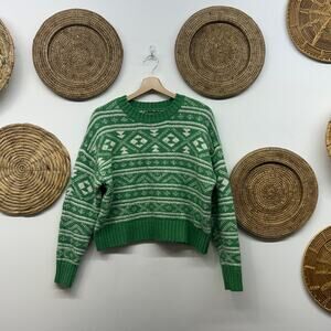 AE American Eagle Fair Isle Crew Neck Knit Sweater Small Green White Cozy